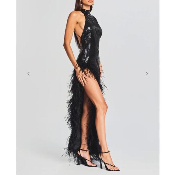Retrofête Vixen Black Sequin Feather Halter Dress NWT - Picture 3 of 6